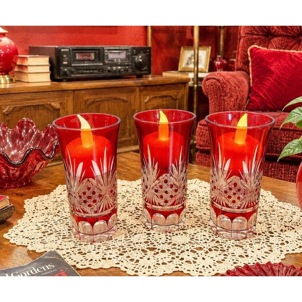 Lot Of 3 Vintage Ruby Cut To Clear Cordial Glasses Candle Holder Decor Displays